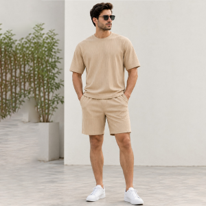 Men’s Coffee Premium Ribbed Co-Ord Set | Half Sleeve T-Shirt & Shorts